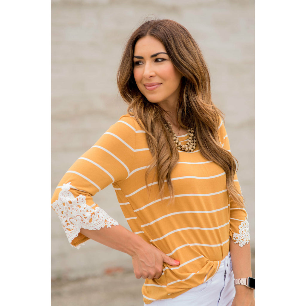 3/4 Sleeve Striped Lace Accent Tee - Betsey's Boutique Shop