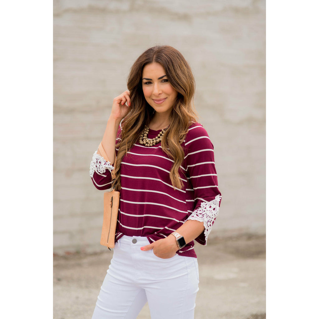 3/4 Sleeve Striped Lace Accent Tee - Betsey's Boutique Shop