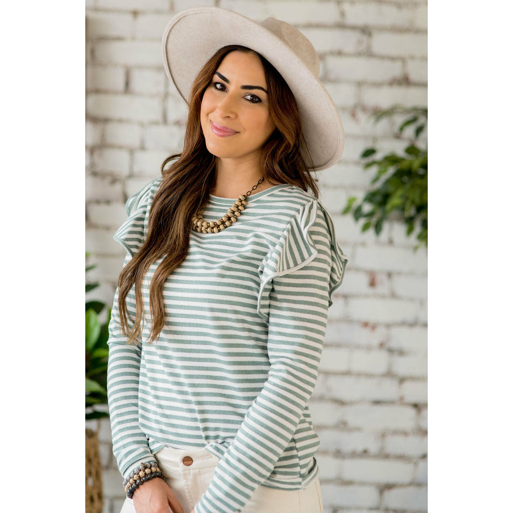 Striped Ruffle Accent Long Sleeve Tee - Betsey's Boutique Shop