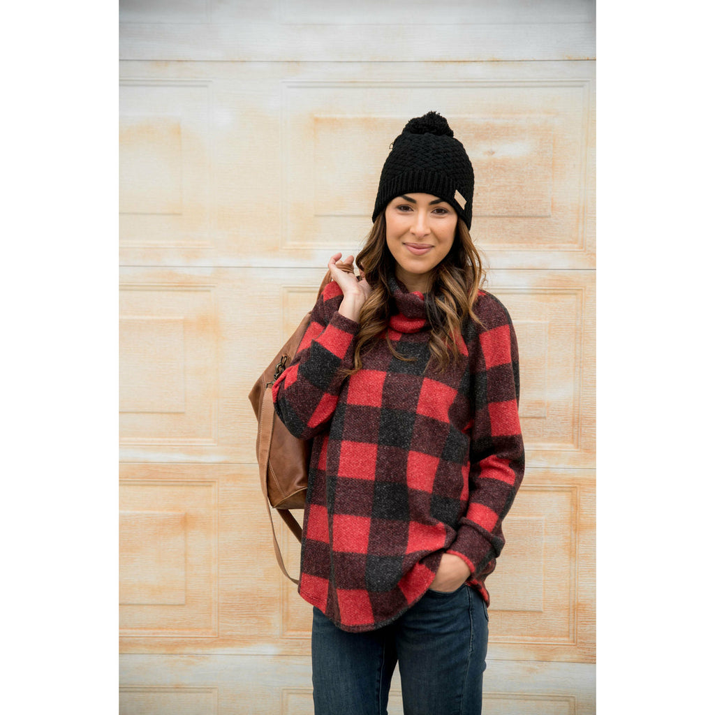 Buffalo Plaid Cowl Neck Sweater - Betsey's Boutique Shop - Outerwear