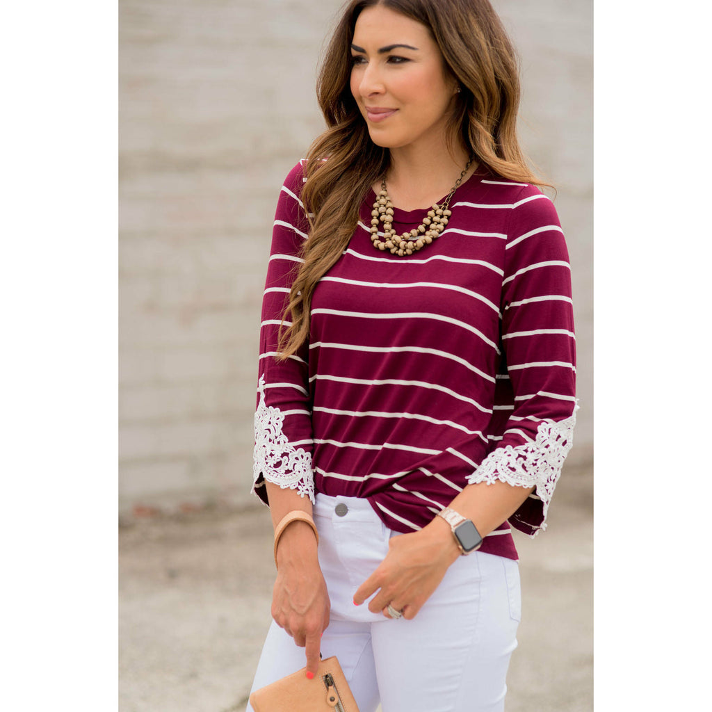 3/4 Sleeve Striped Lace Accent Tee - Betsey's Boutique Shop