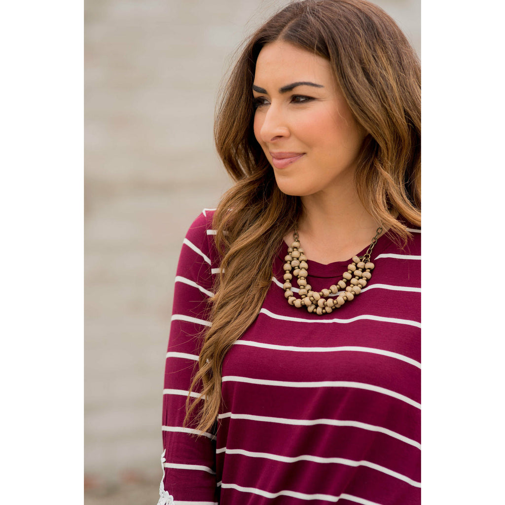 3/4 Sleeve Striped Lace Accent Tee - Betsey's Boutique Shop