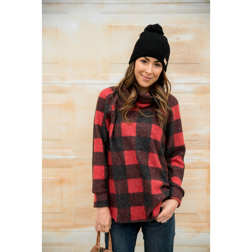 Buffalo Plaid Cowl Neck Sweater - Betsey's Boutique Shop - Outerwear