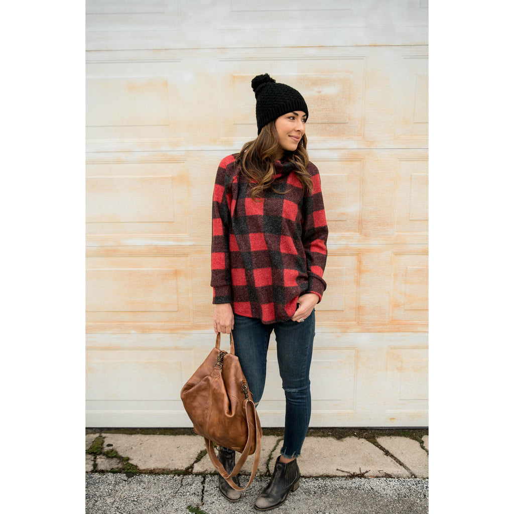 Buffalo Plaid Cowl Neck Sweater - Betsey's Boutique Shop - Outerwear