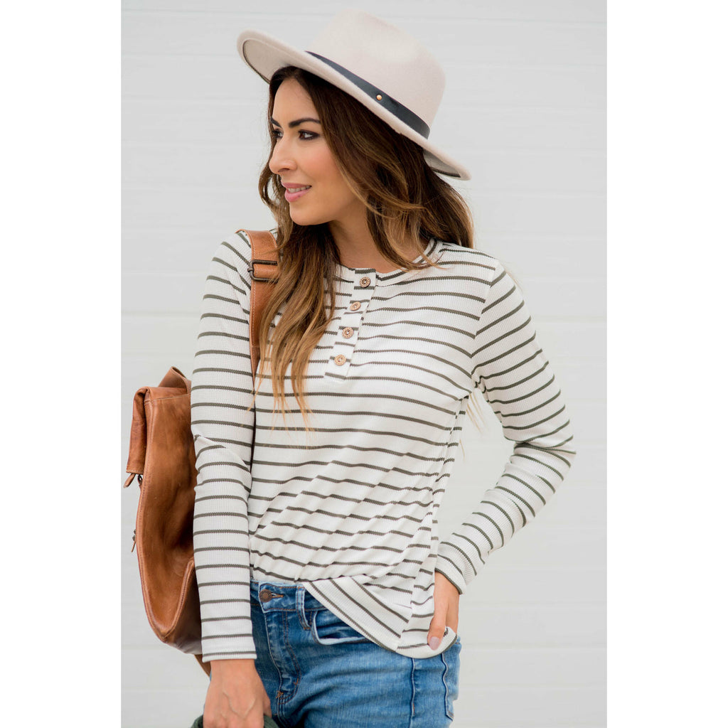 Thermal Button Top Striped Tee - Betsey's Boutique Shop - Shirts & Tops