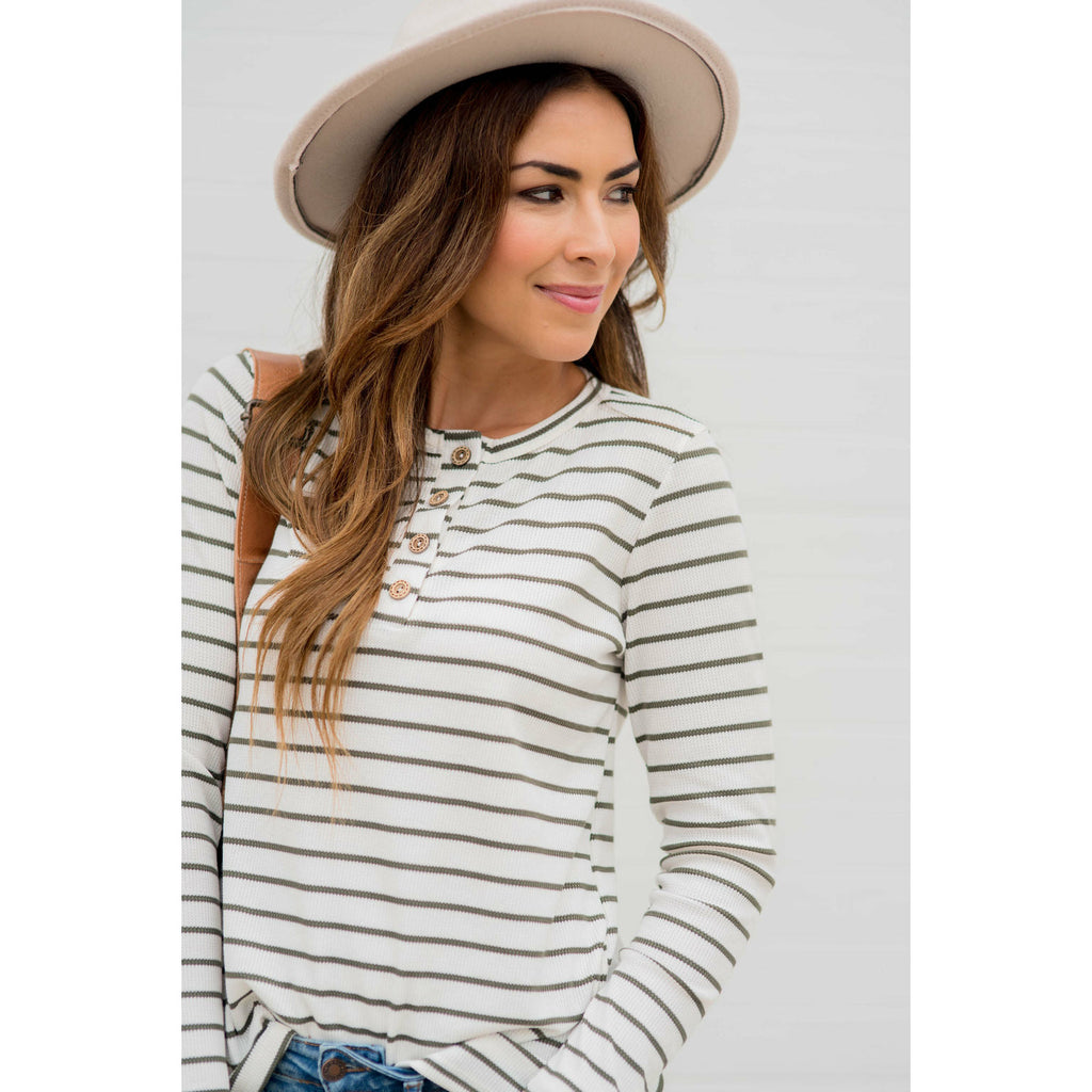 Thermal Button Top Striped Tee - Betsey's Boutique Shop - Shirts & Tops