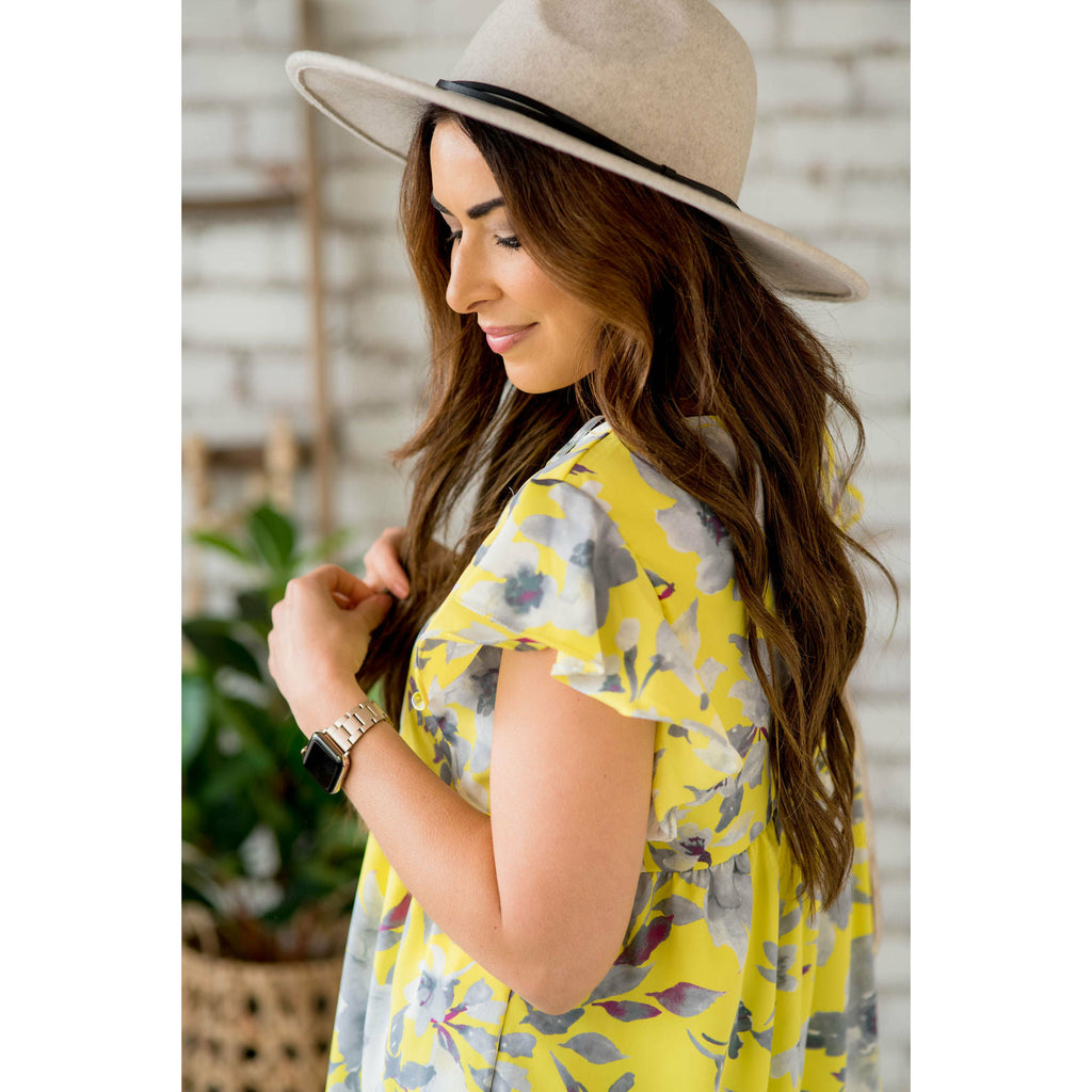 Pale Yellow Ruffle Sleeve Floral Blouse - Betsey's Boutique Shop - Shirts & Tops