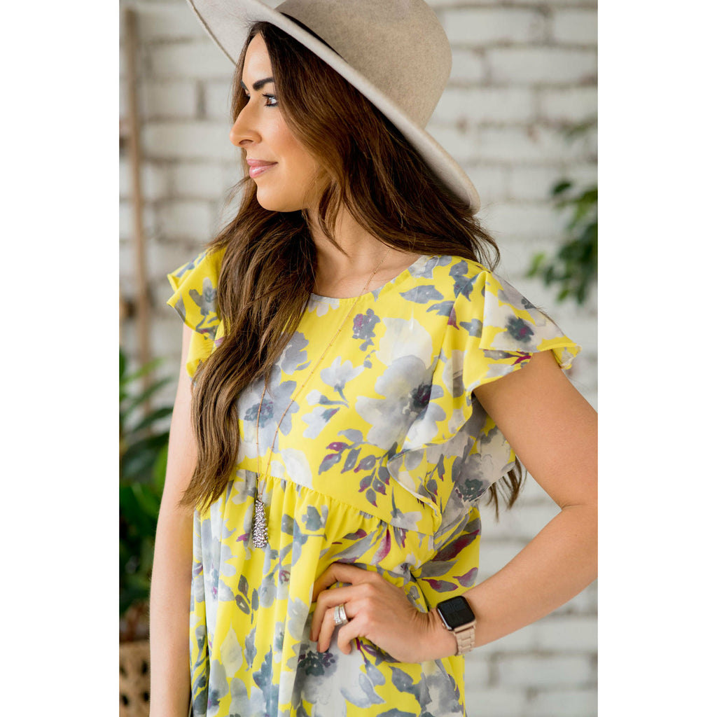 Pale Yellow Ruffle Sleeve Floral Blouse - Betsey's Boutique Shop - Shirts & Tops