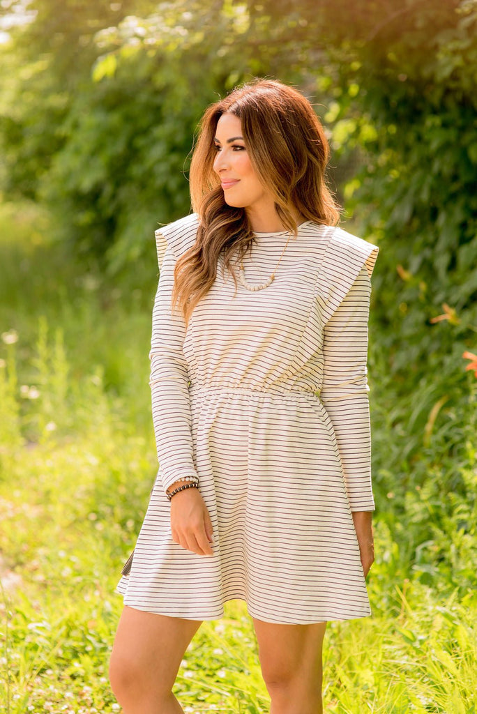 Striped Ruffle Accented Long Sleeve Dress - Betsey's Boutique Shop -