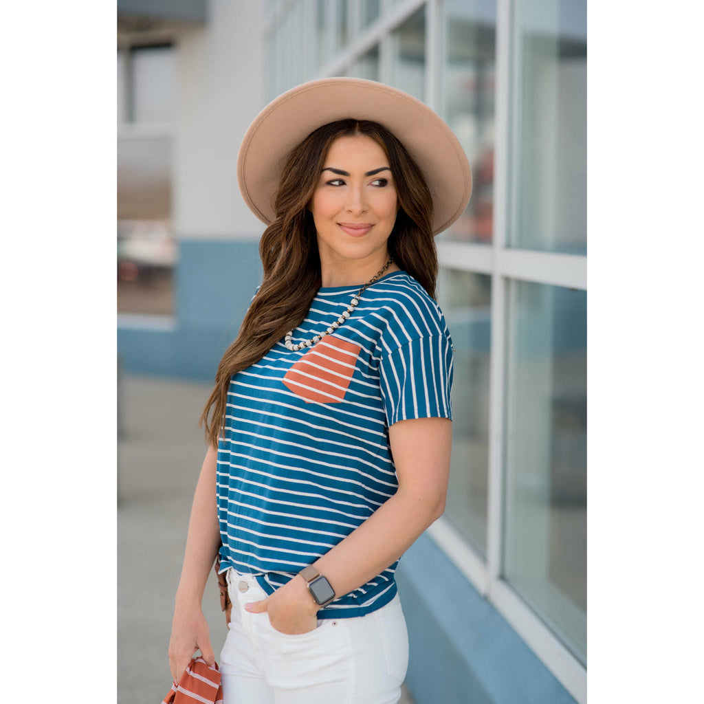 Contrasting Striped Pocket Tee - Betsey's Boutique Shop