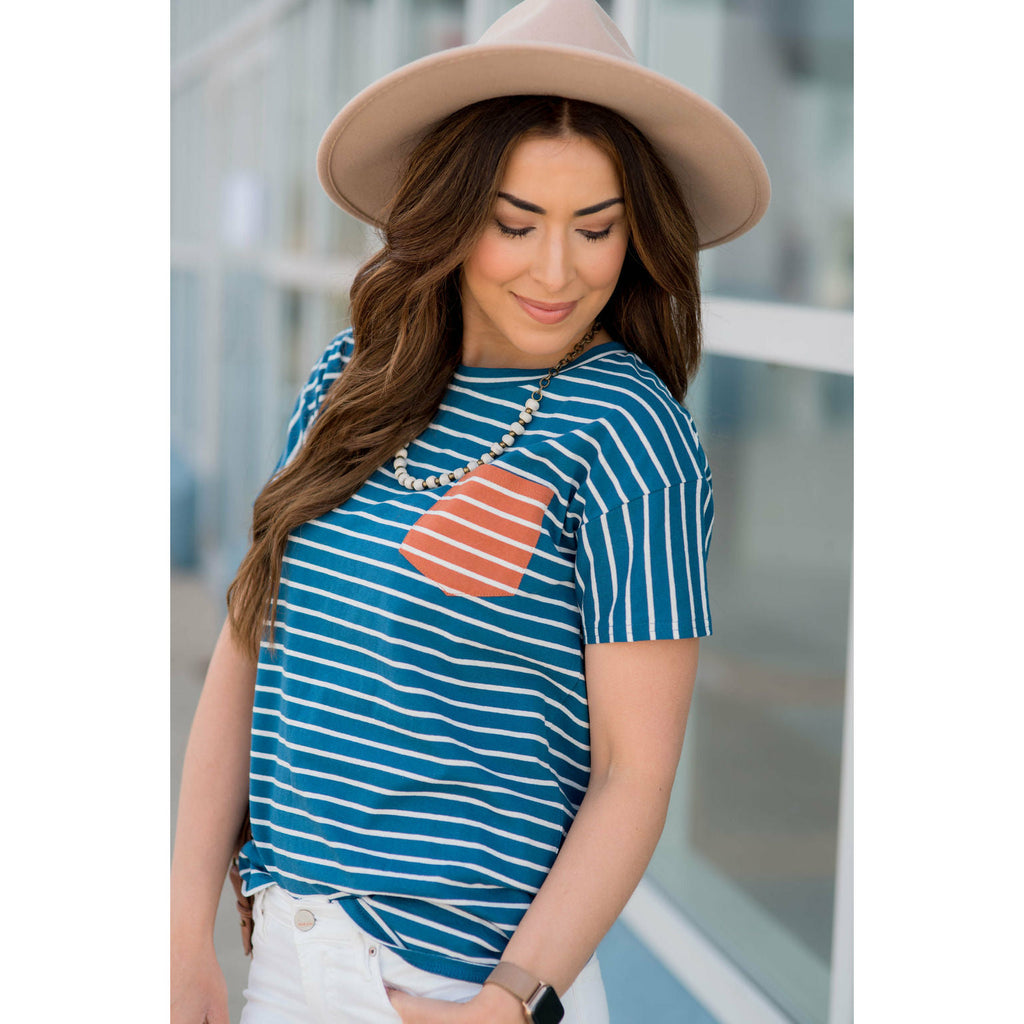 Contrasting Striped Pocket Tee - Betsey's Boutique Shop