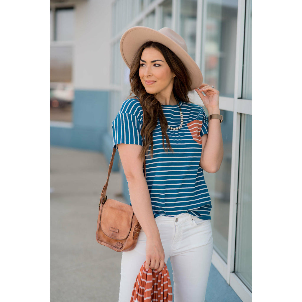 Contrasting Striped Pocket Tee - Betsey's Boutique Shop