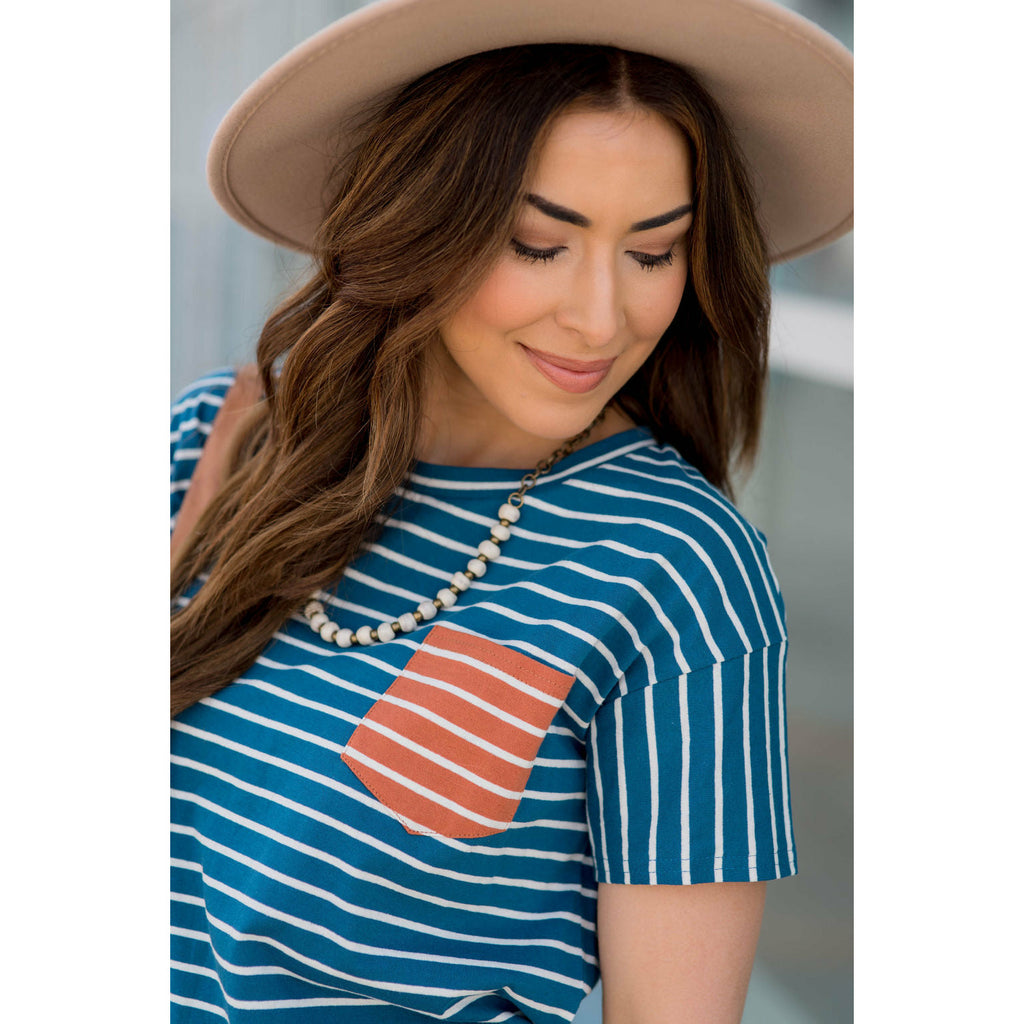 Contrasting Striped Pocket Tee - Betsey's Boutique Shop