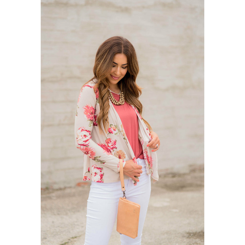 Short Tan Floral Cardigan - Betsey's Boutique Shop