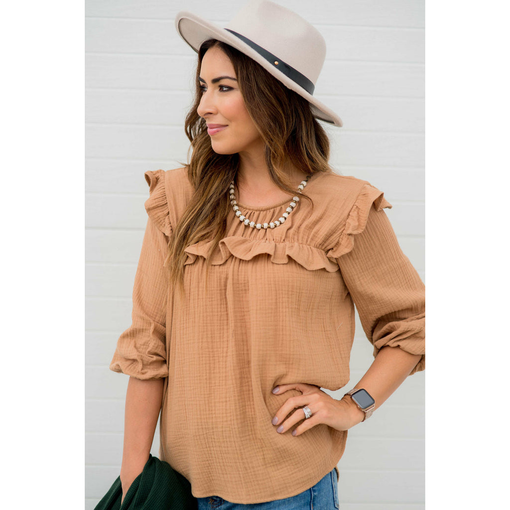 3/4 Sleeve Gauze Ruffle Blouse - Betsey's Boutique Shop