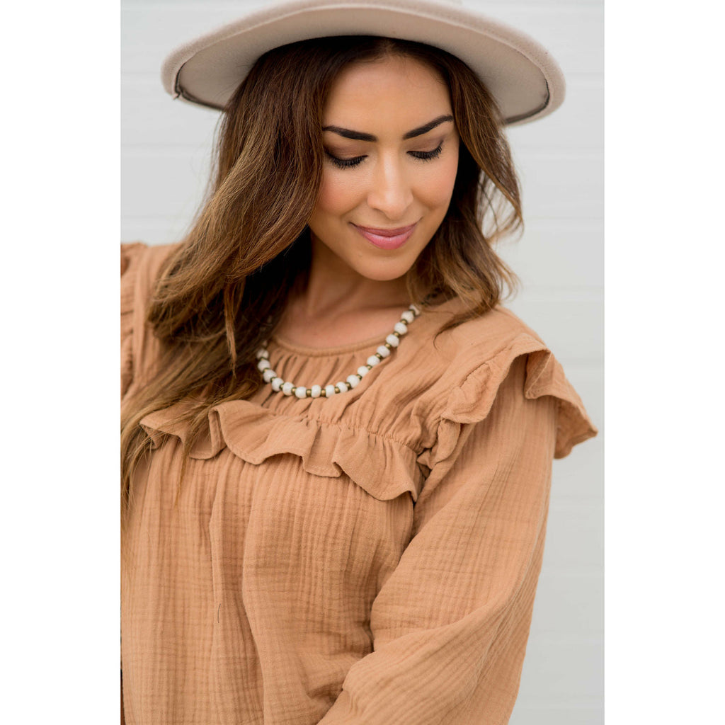 3/4 Sleeve Gauze Ruffle Blouse - Betsey's Boutique Shop