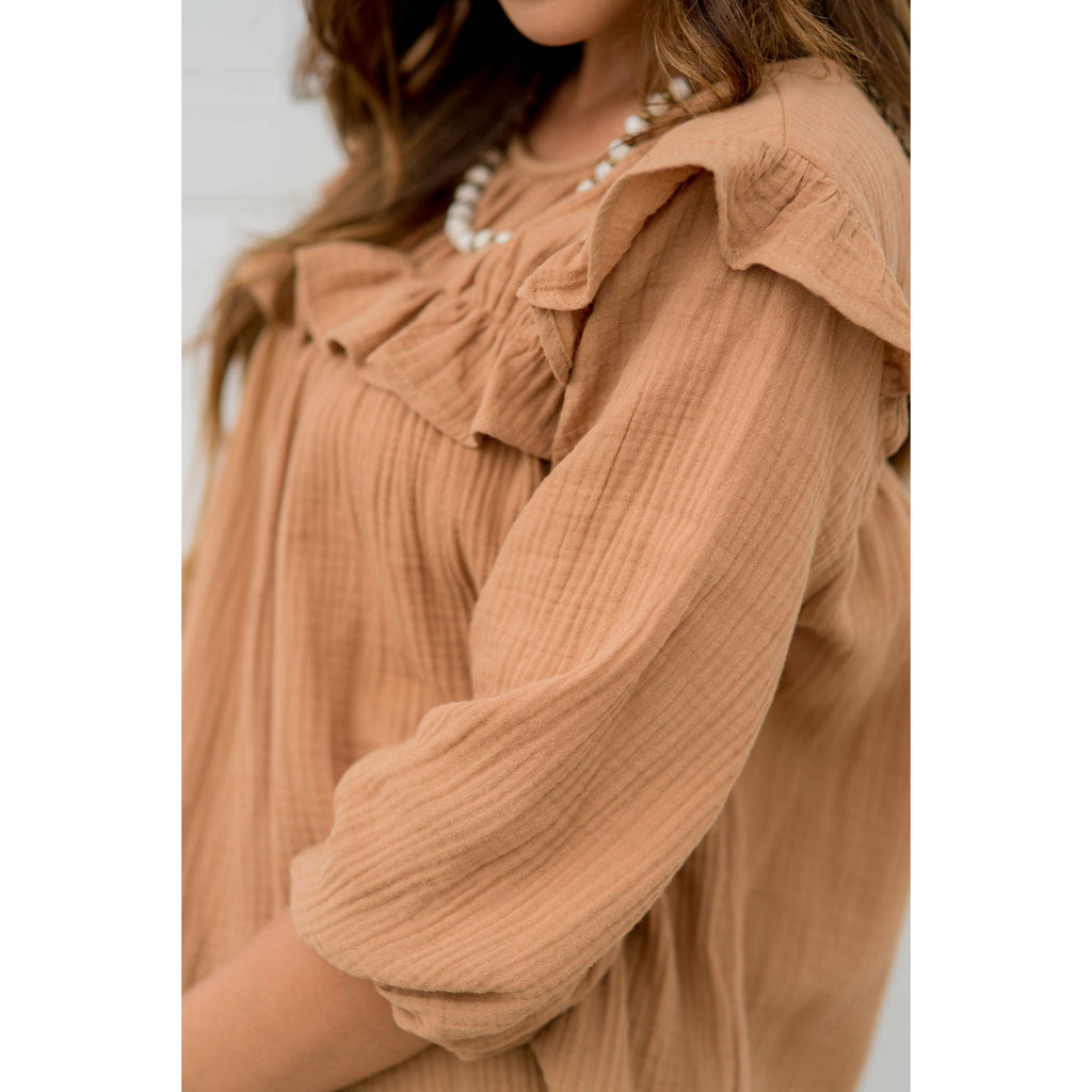 3/4 Sleeve Gauze Ruffle Blouse - Betsey's Boutique Shop