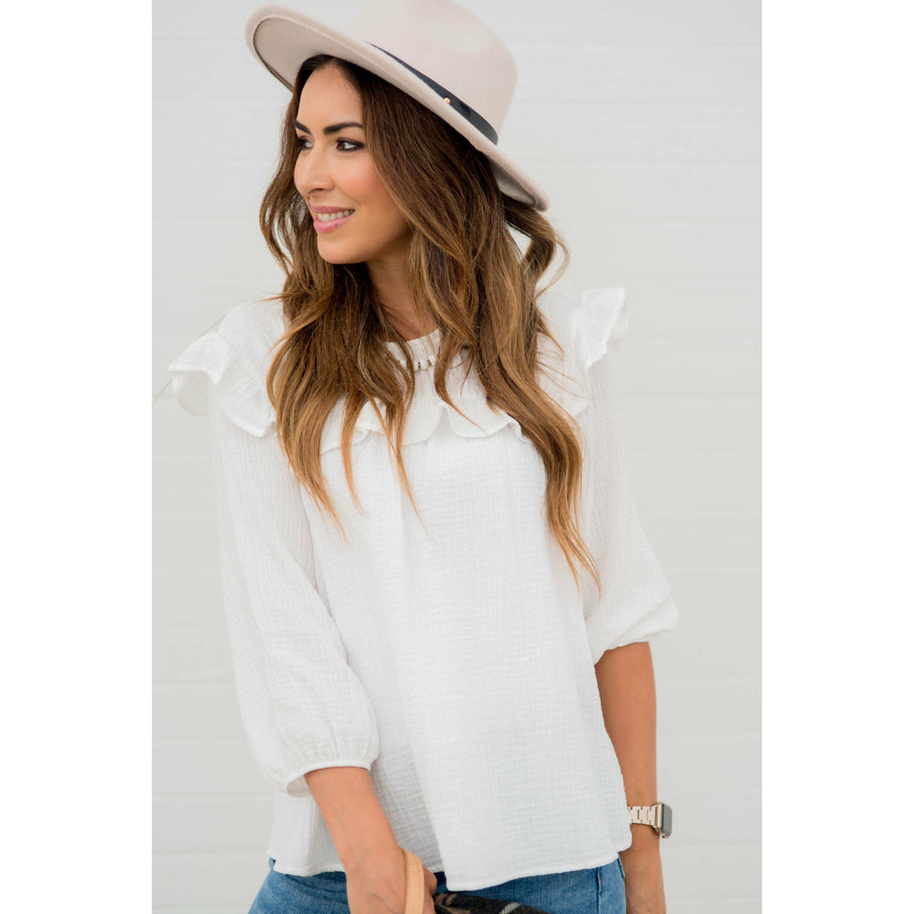 3/4 Sleeve Gauze Ruffle Blouse - Betsey's Boutique Shop