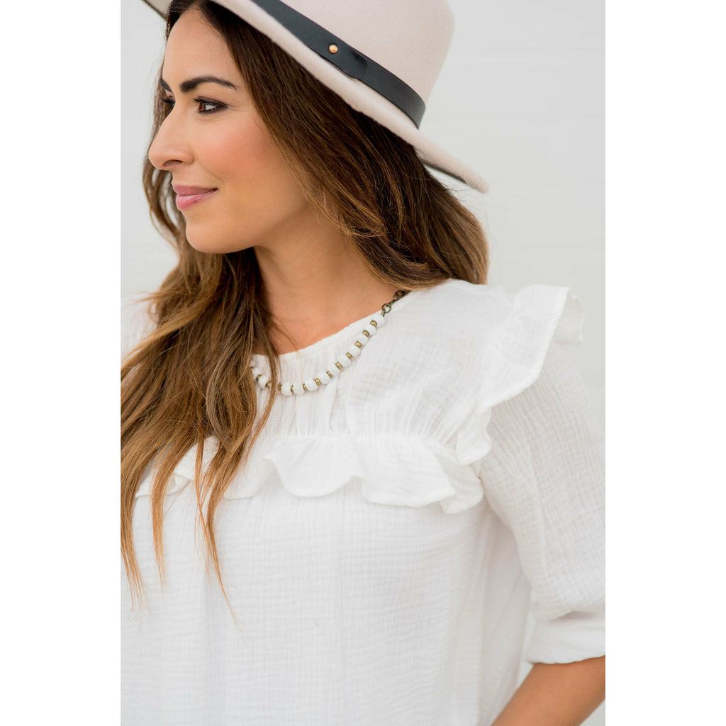 3/4 Sleeve Gauze Ruffle Blouse - Betsey's Boutique Shop