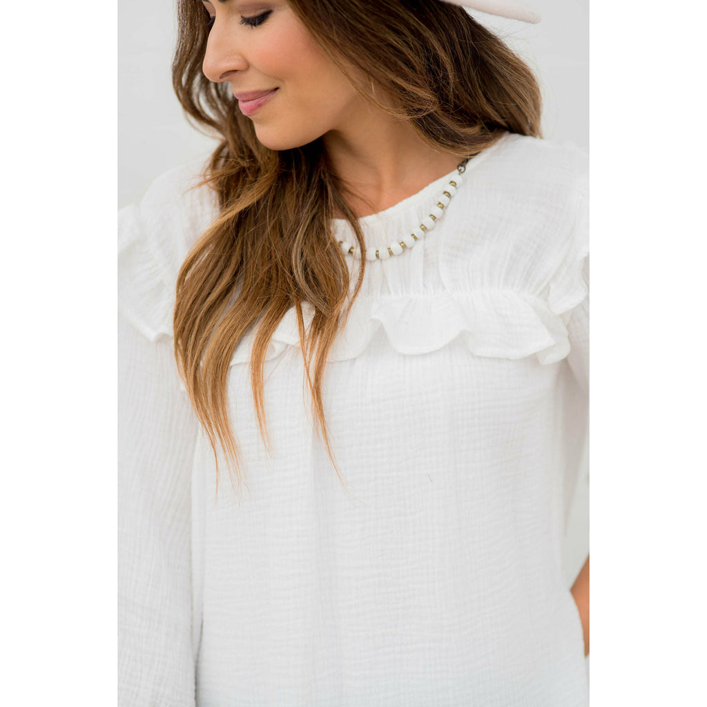 3/4 Sleeve Gauze Ruffle Blouse - Betsey's Boutique Shop