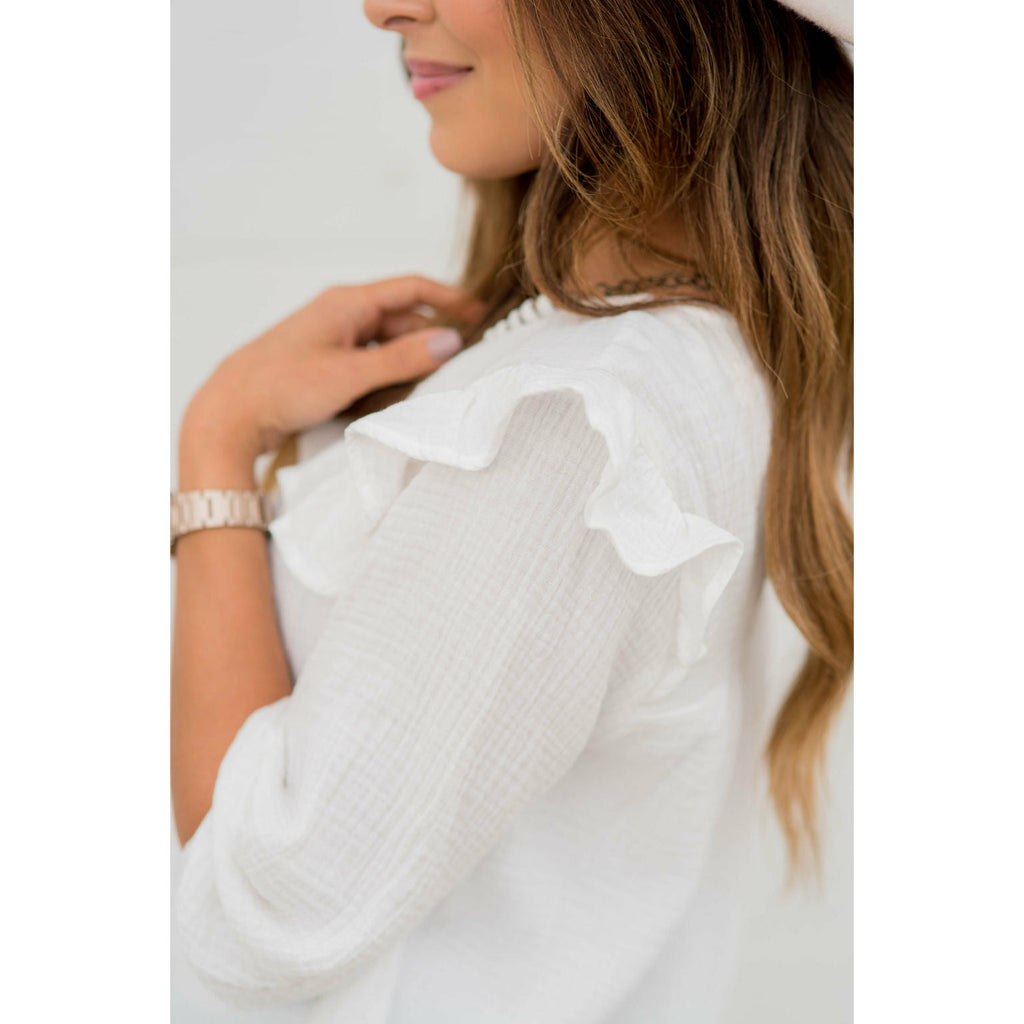 3/4 Sleeve Gauze Ruffle Blouse - Betsey's Boutique Shop