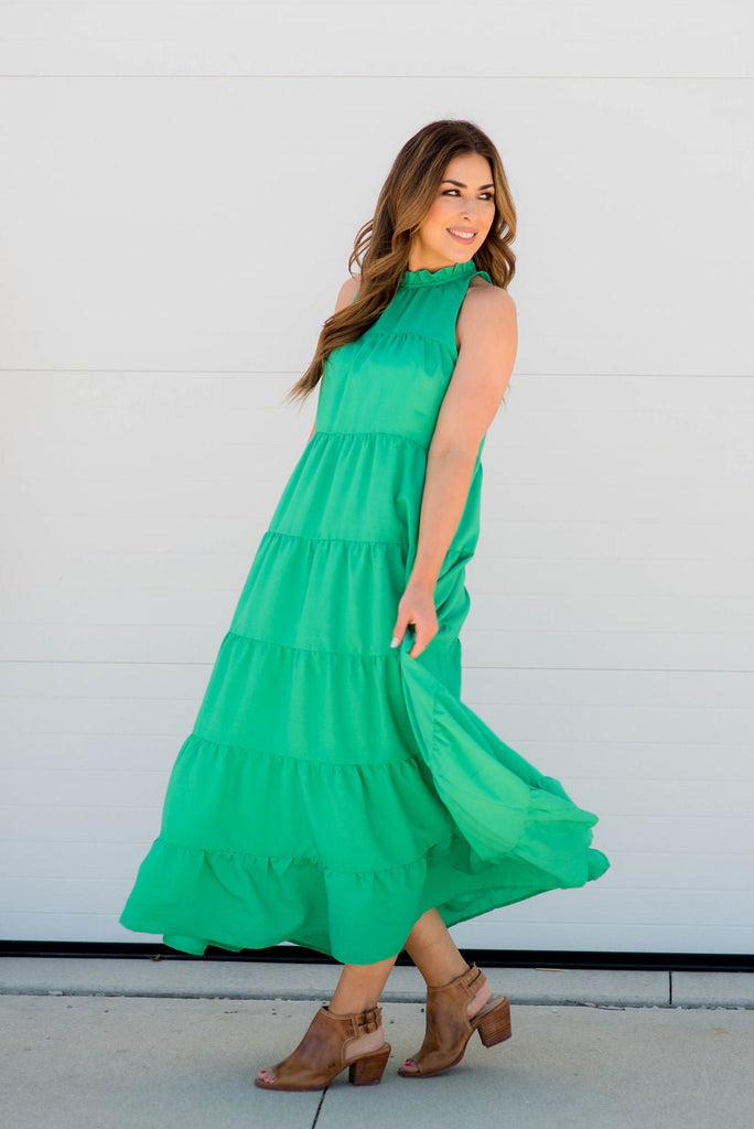 Cinched Neck Tiered Maxi Dress - Betsey's Boutique Shop -