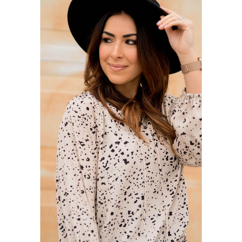 Spotted Tie V-Neck Blouse - Betsey's Boutique Shop