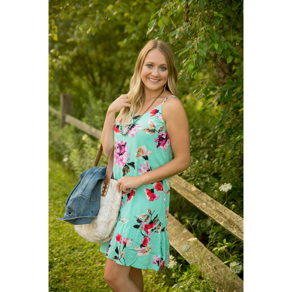 Aqua Floral Tank Dress - Betsey's Boutique Shop