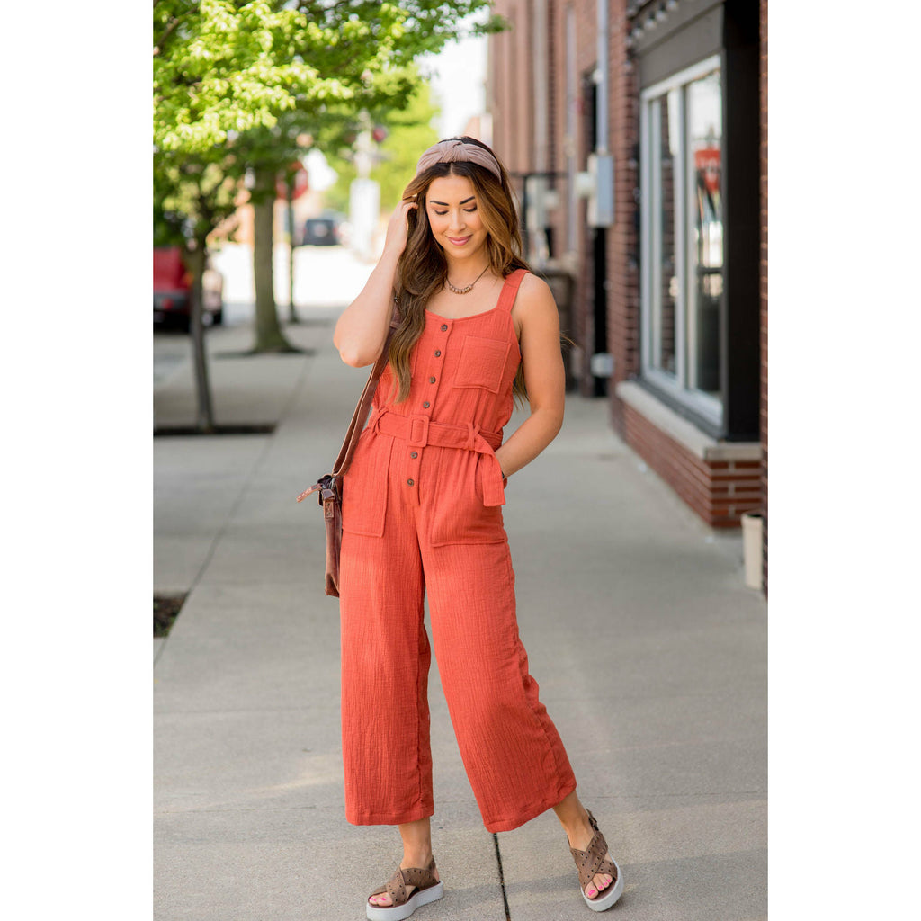 Belted Gauze Button Down Jumpsuit - Betsey's Boutique Shop