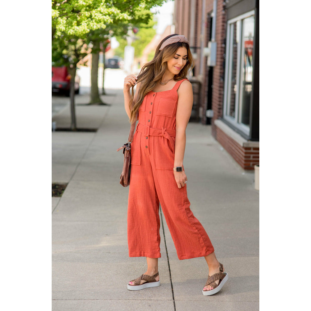 Belted Gauze Button Down Jumpsuit - Betsey's Boutique Shop