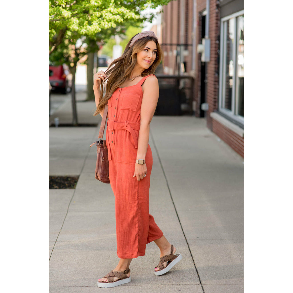 Belted Gauze Button Down Jumpsuit - Betsey's Boutique Shop