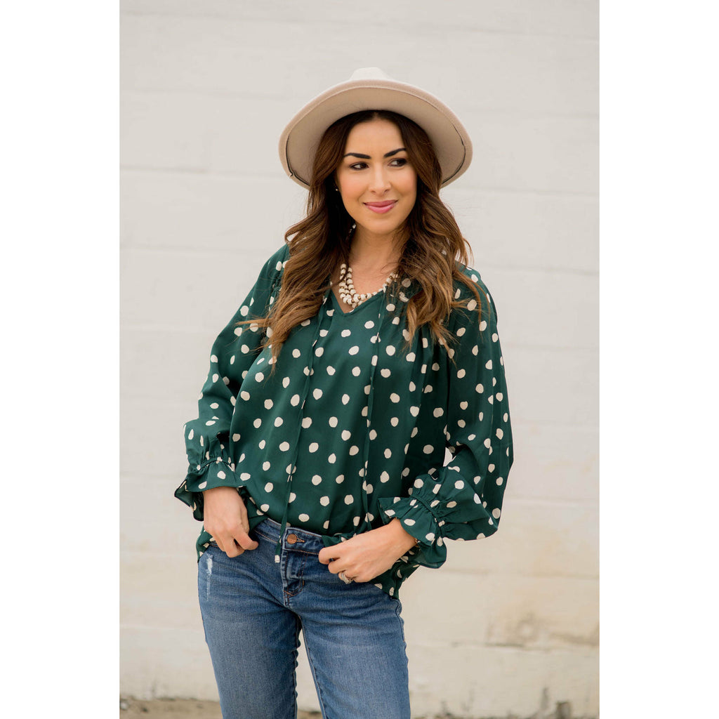 Polka Dot Drawstring Blouse - Betsey's Boutique Shop