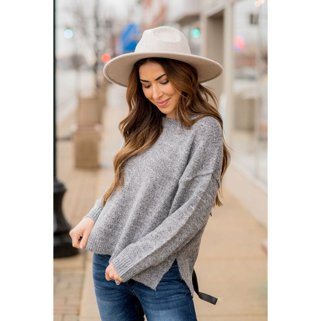 Heathered Side Slit Sweater - Betsey's Boutique Shop - Outerwear