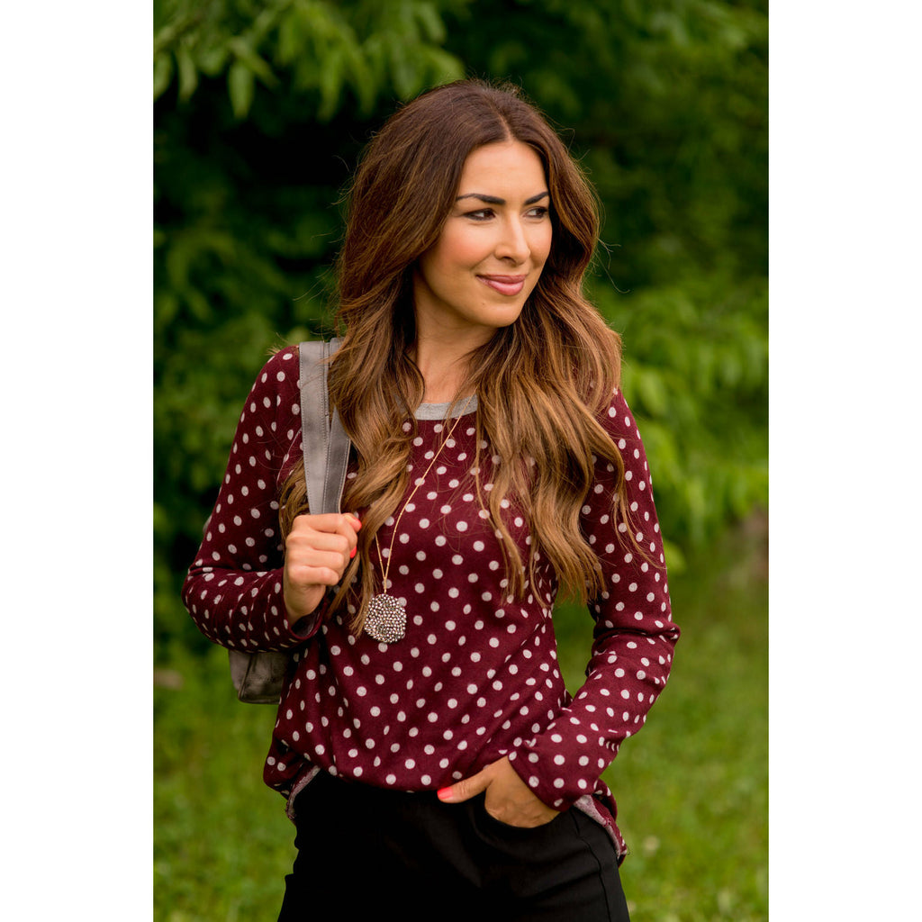 Solid Trimmed Long Sleeve Polka Dot Tee - Betsey's Boutique Shop - Shirts & Tops