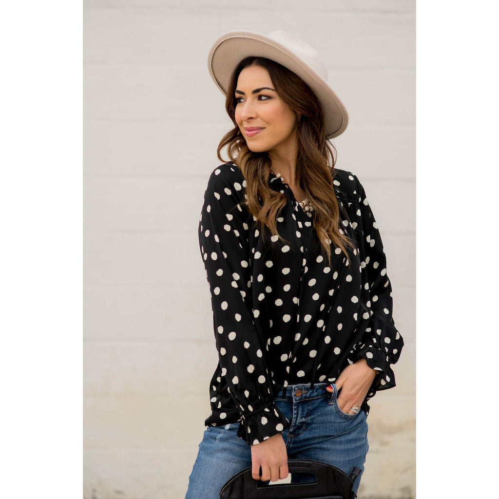 Polka Dot Drawstring Blouse - Betsey's Boutique Shop