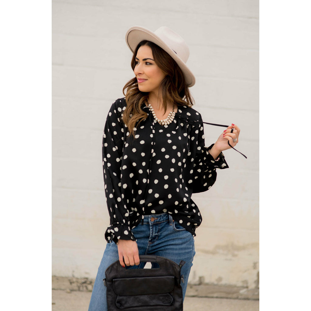 Polka Dot Drawstring Blouse - Betsey's Boutique Shop