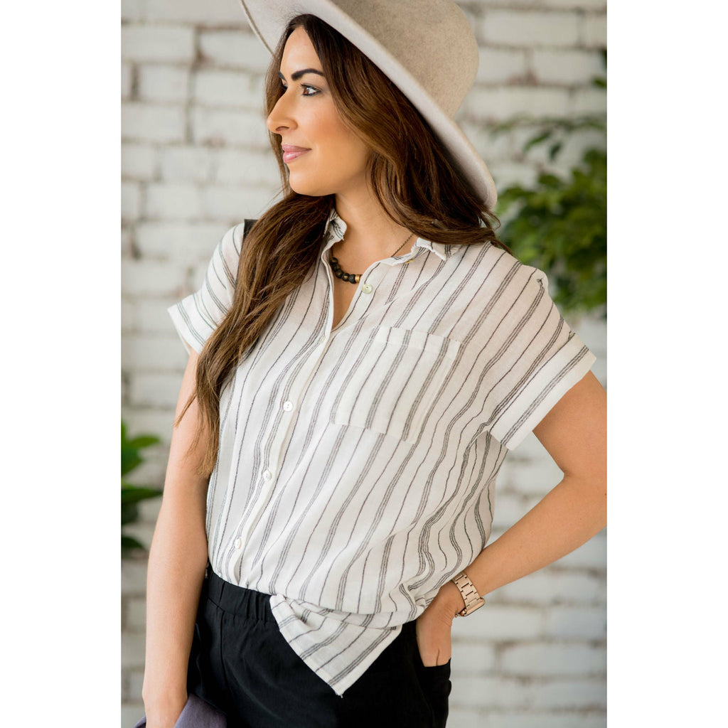 Triple Striped Button Up Blouse - Betsey's Boutique Shop