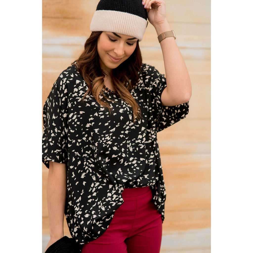 Speckled Short Sleeve Blouse - Black - Betsey's Boutique Shop