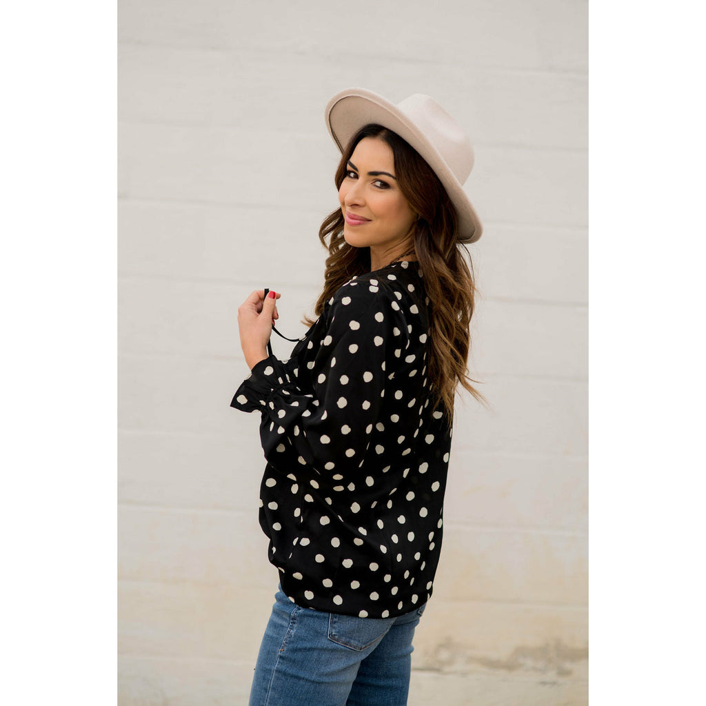 Polka Dot Drawstring Blouse - Betsey's Boutique Shop