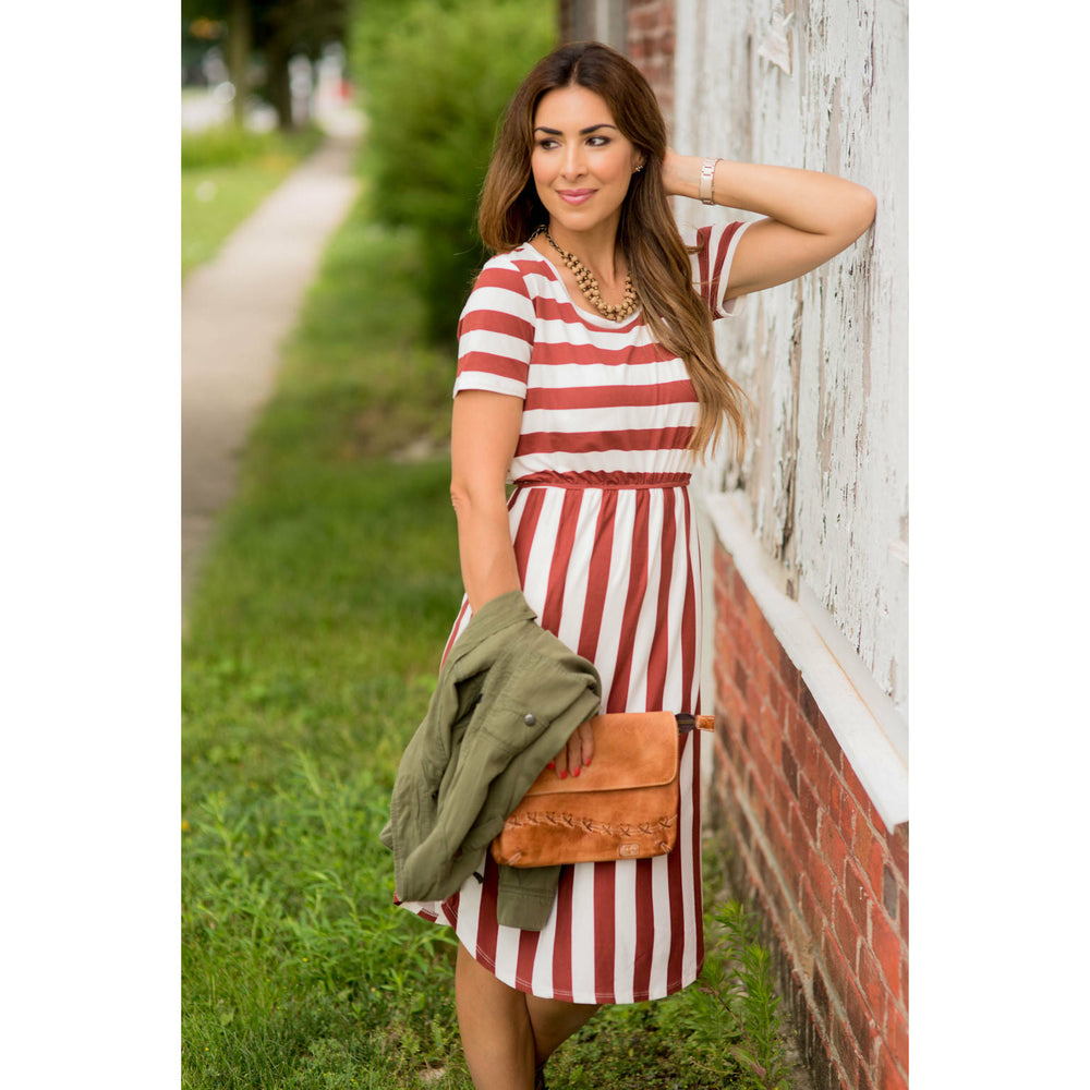 Vertical Striped Dress with Short Sleeve and Button Front