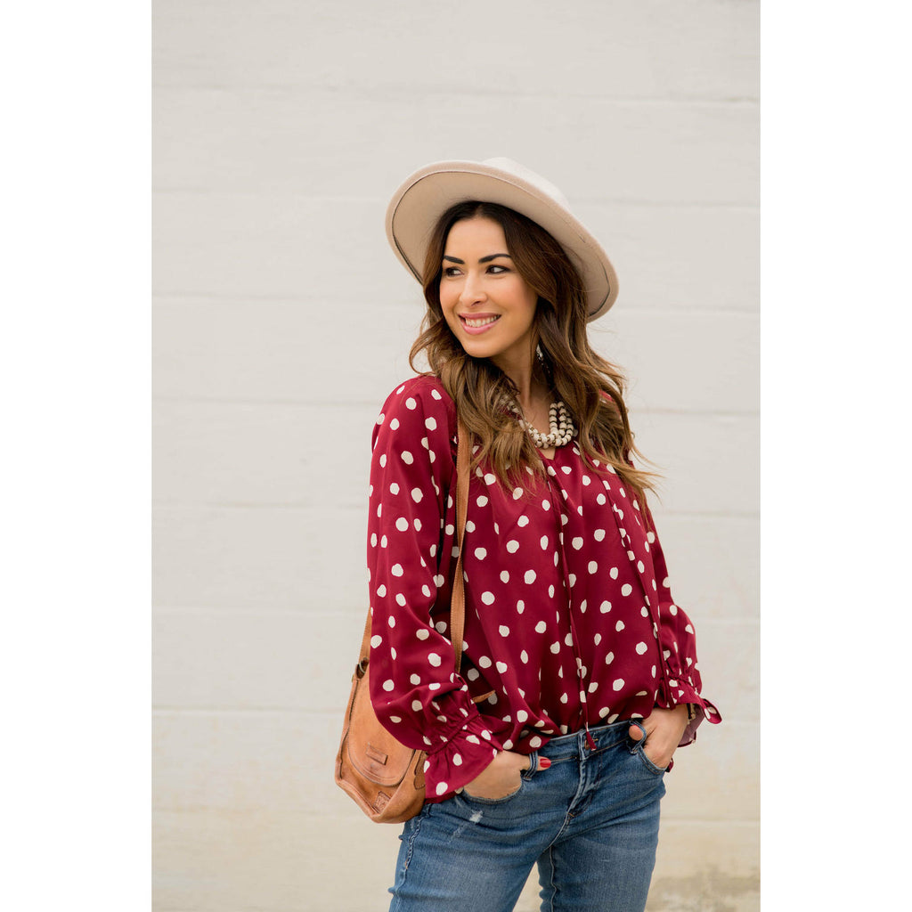 Polka Dot Drawstring Blouse - Betsey's Boutique Shop