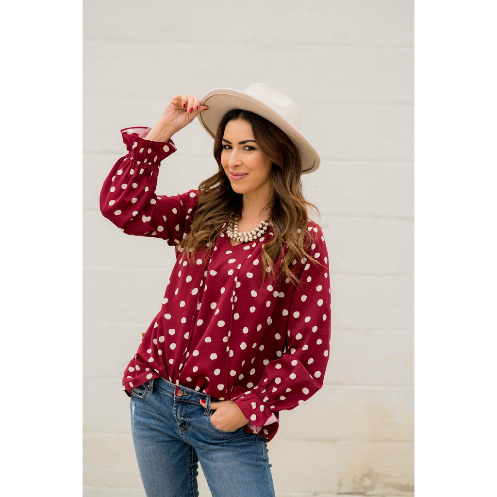 Polka Dot Drawstring Blouse - Betsey's Boutique Shop