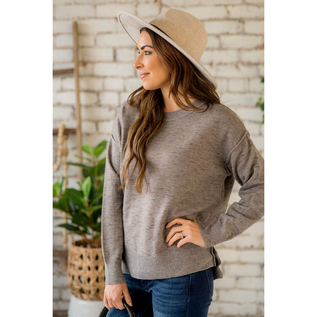 Heathered Side Slit Sweater - Betsey's Boutique Shop - Outerwear