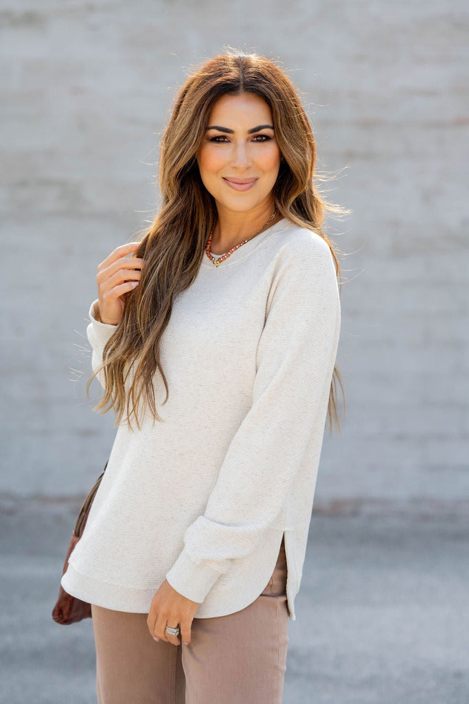 Waffled Side Slit Sweatshirt - Betsey's Boutique Shop -