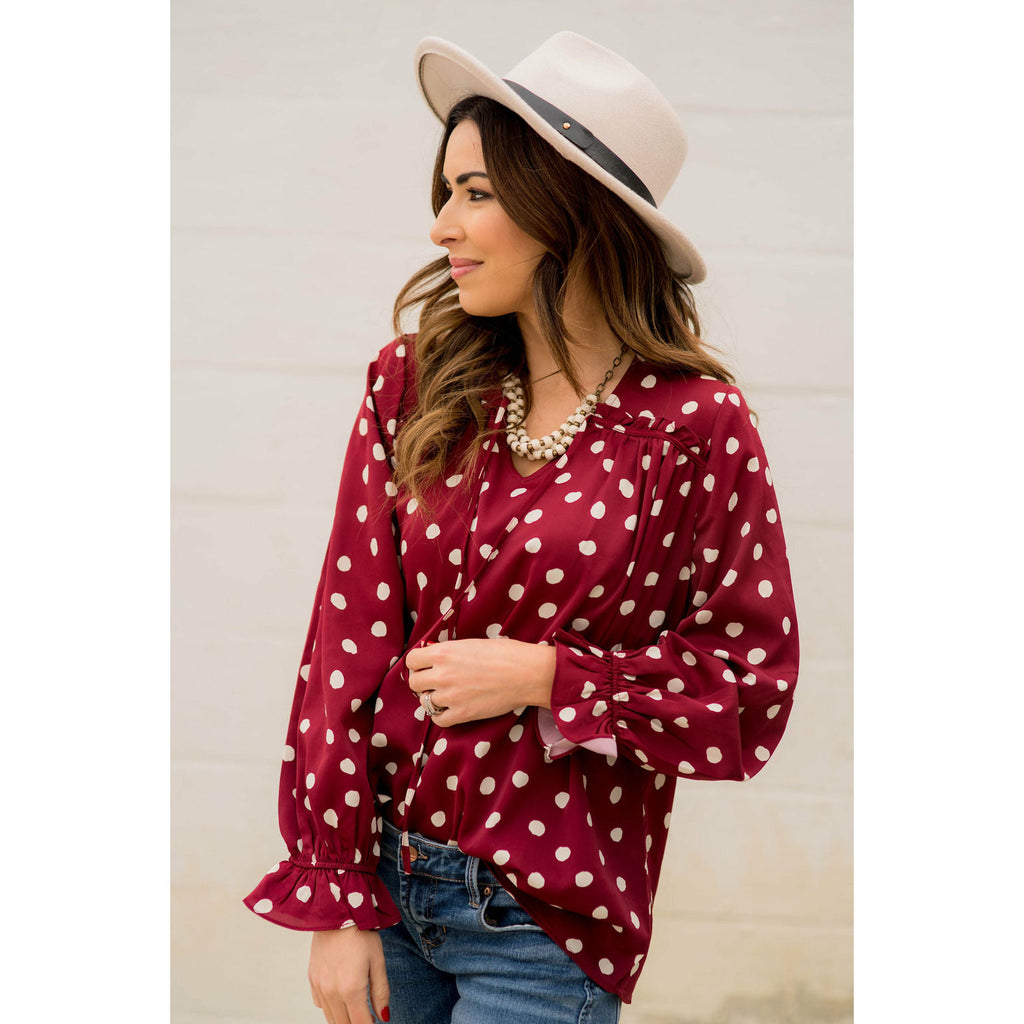 Polka Dot Drawstring Blouse - Betsey's Boutique Shop