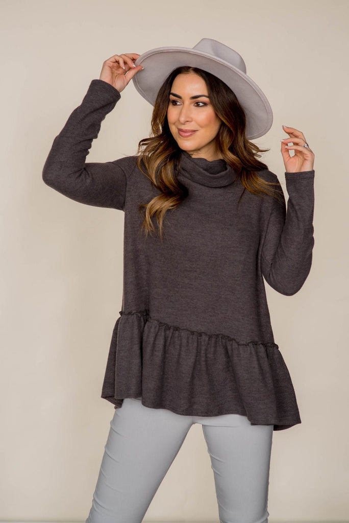 Ruffle Bottom Cowl Neck Sweater - Betsey's Boutique Shop