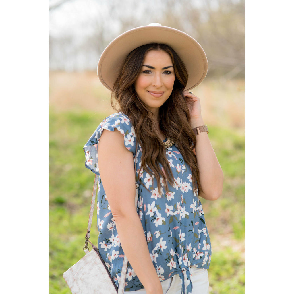 Floral Tie Flutter Blouse - Blue - Betsey's Boutique Shop