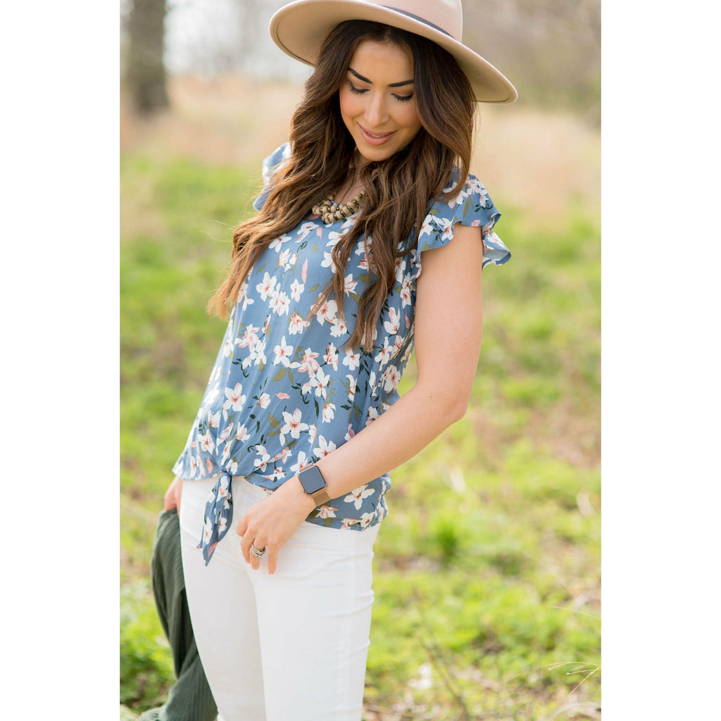 Floral Tie Flutter Blouse - Blue - Betsey's Boutique Shop