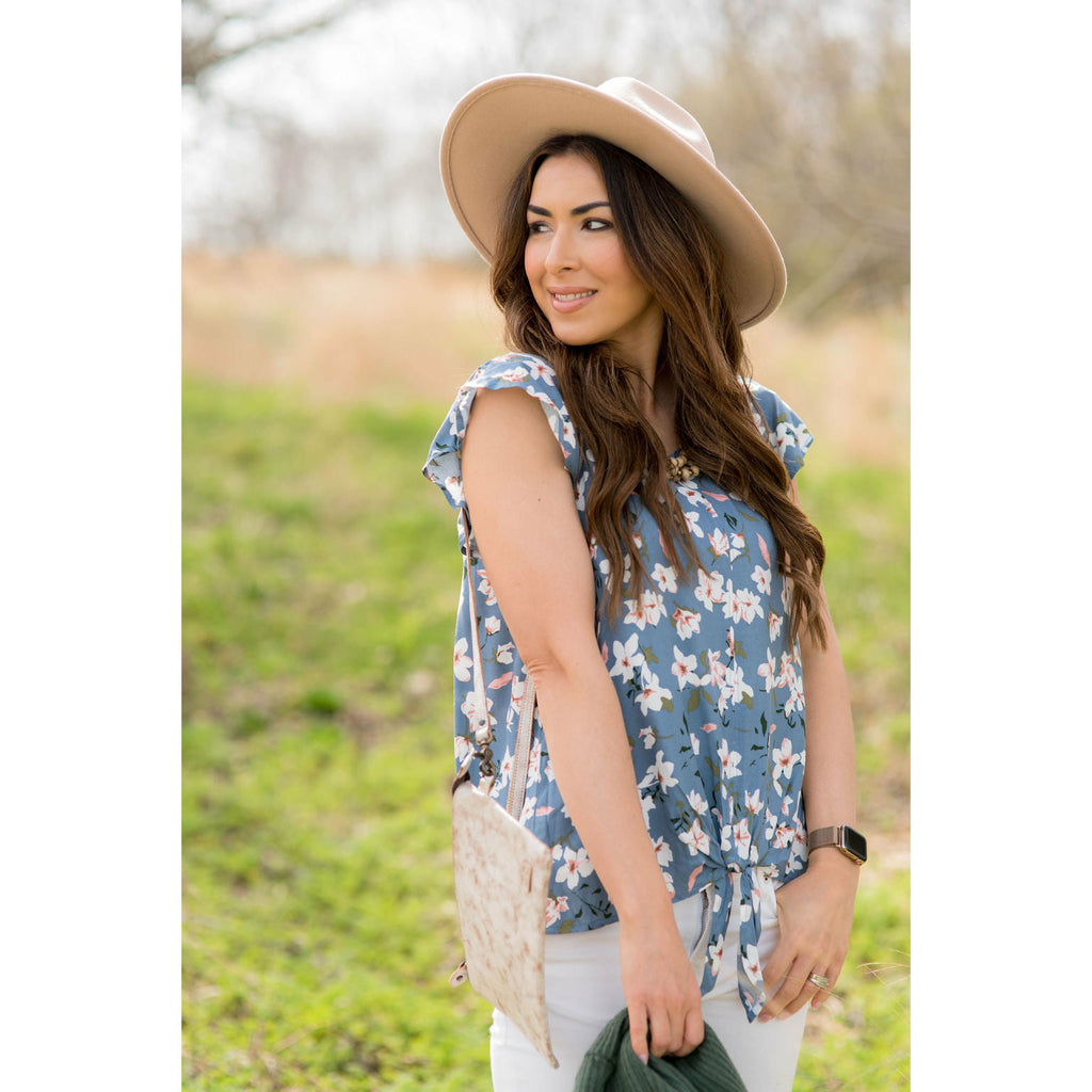 Floral Tie Flutter Blouse - Blue - Betsey's Boutique Shop