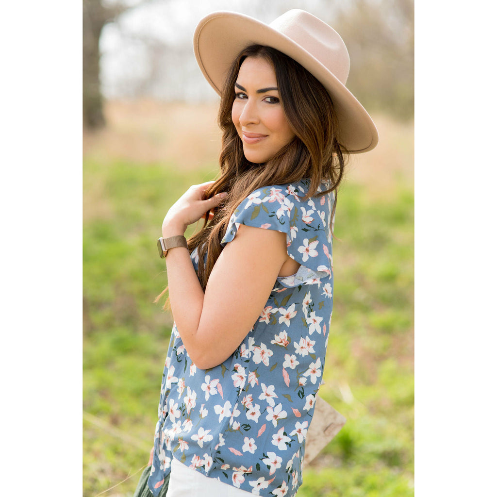 Floral Tie Flutter Blouse - Blue - Betsey's Boutique Shop